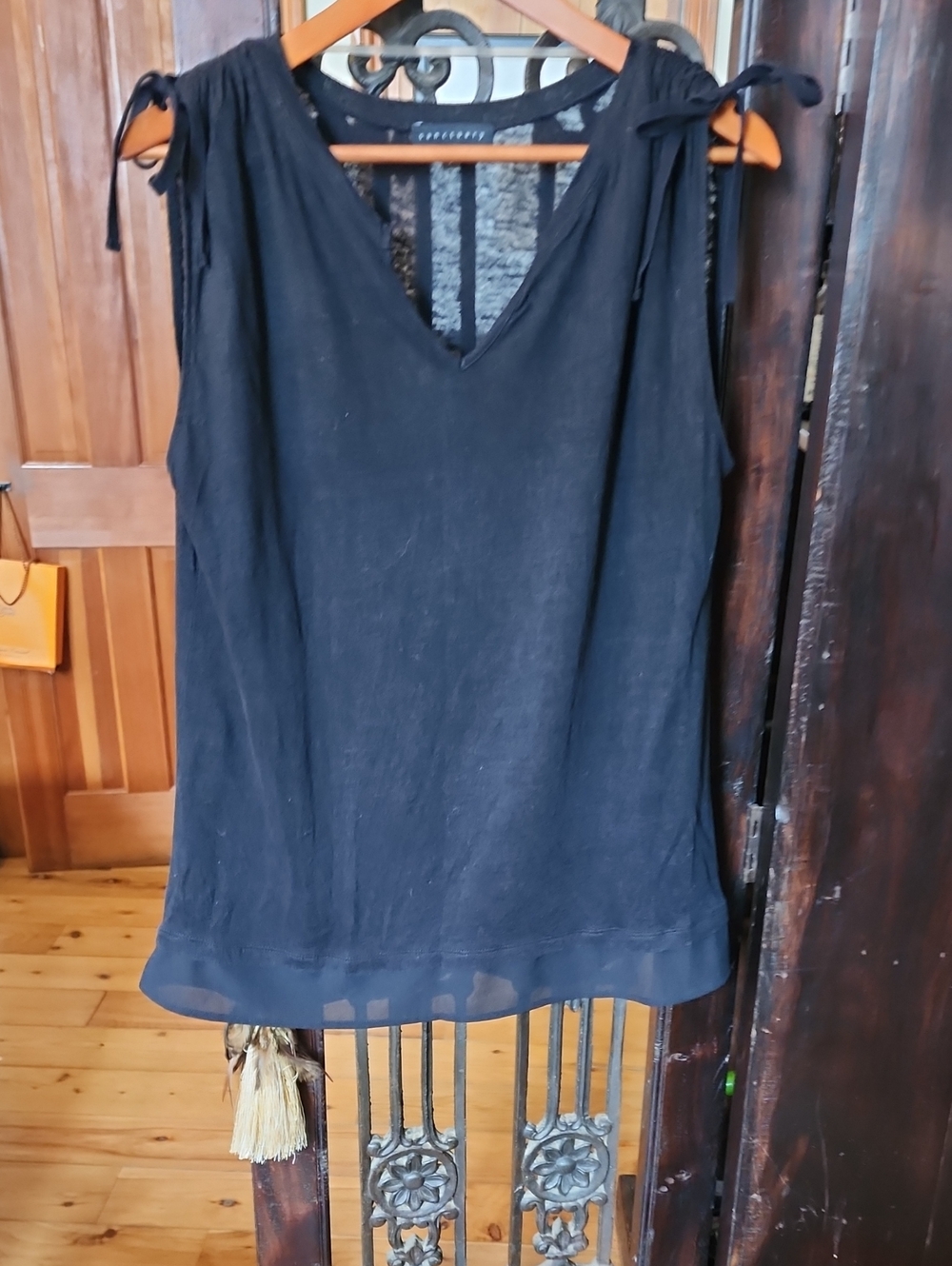 Sanctuary Black V-Neck Tie-Shoulder Linen Sweater With Sheer Detail at Hem, L